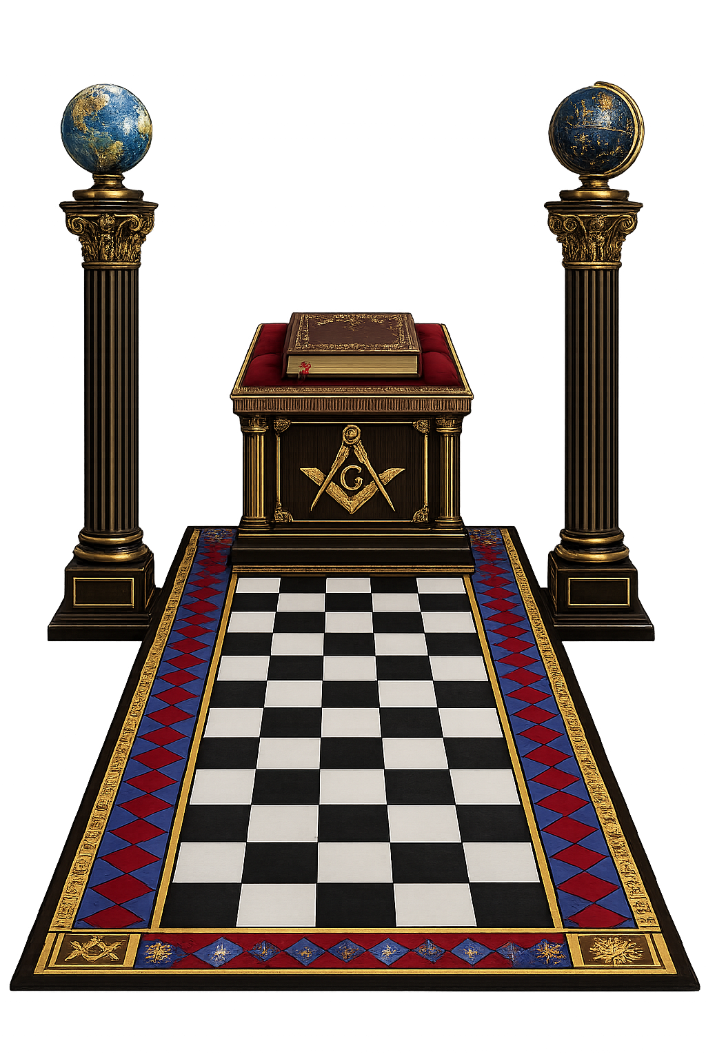 An image of two pillars with a carpet and and alter with a book upon it